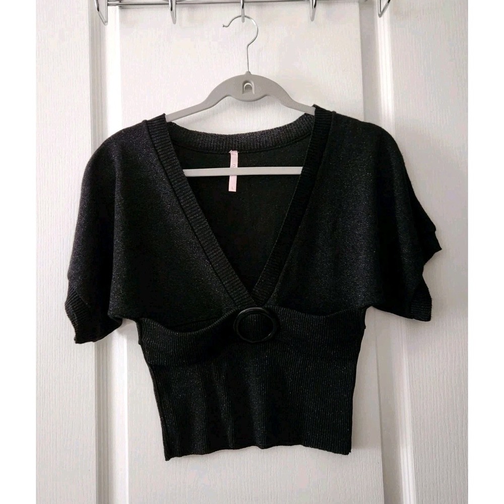 rue21 Women's Crop Knit Top V-Neck Short‎ Sleeve Black  Made In USA Size L
